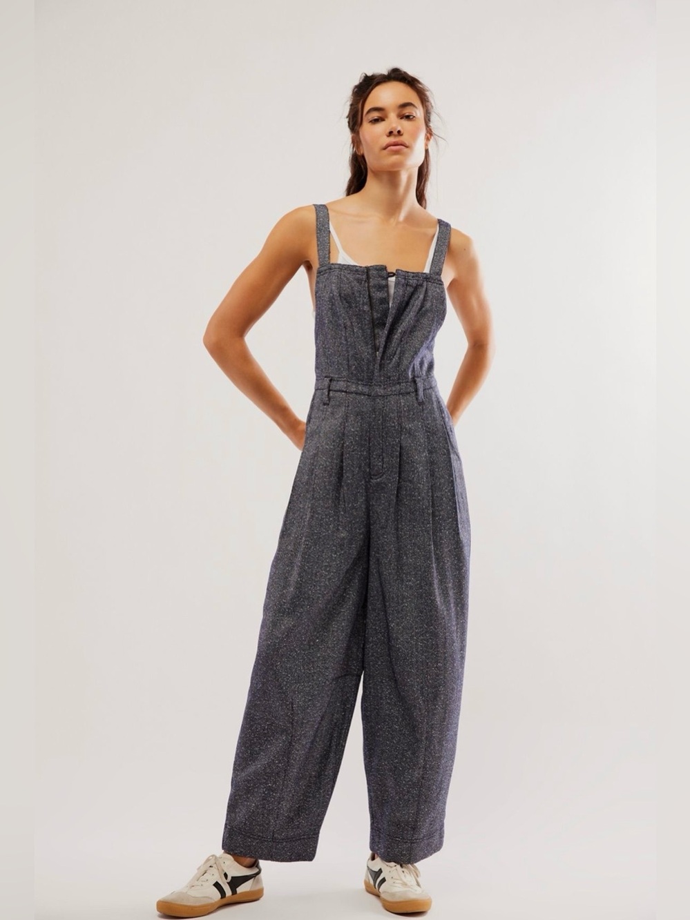 FREE PEOPLE Leonie Menswear One-Piece Navy Wool Blend Barrel Overalls M